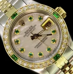 ROLEX LADIES DATE OYSTER GOLD STAINLESS STEEL DIAMOND DIAL BEZEL EMERALDS