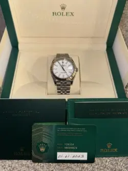 ROLEX OYSTER PERPETUAL DATEJUST, 41MM, WHITE DIAL, JUBILEE BAND, FLUTED BEZEL
