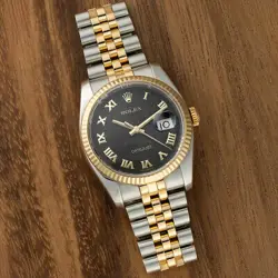 ROLEX DATEJUST 36, STEEL & YELLOW GOLD, BLACK JUBILEE ROMAN DIAL, JUBILEE BRA...