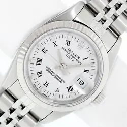 ROLEX LADY DATEJUST WHITE ROMAN DIAL STEEL AND 18 KARAT GOLD FLUTED BEZEL WATCH