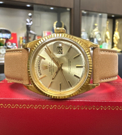 MENS VINTAGE ROLEX DAY-DATE PRESIDENT WATCH 18K YELLOW GOLD LEATHER STRAP 36MM
