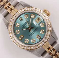 ROLEX LADIES DATEJUST 26MM TWO TONE 18K GOLD DIAMOND BEZEL ICE BLUE DIAMOND DIAL