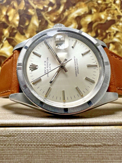 MENS ROLEX OYSTER PERPETUAL DATE STAINLESS STEEL SILVER DIAL 34MM WATCH