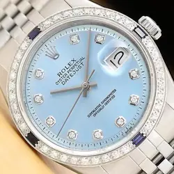 ROLEX MENS DATEJUST ICE BLUE DIAL 18K WHITE GOLD STEEL DIAMOND SAPPHIRE WATCH