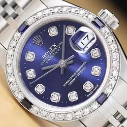 ROLEX LADIES DATEJUST 69174 BLUE DIAL 18K GOLD STEEL DIAMOND SAPPHIRE WATCH