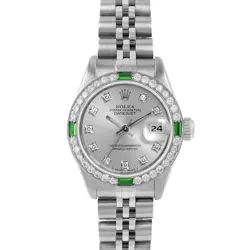 ROLEX LADY DATEJUST SILVER DIAMOND DIAL EMERALD DIAMOND BEZEL JUBILEE BAND WATCH