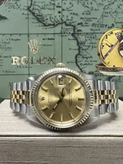 MENS ROLEX DATEJUST GOLD STAINLESS STEEL CHAMPAGNE STICK DIAL 36MM WATCH 1601