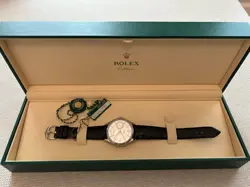ROLEX CELLINI DATE 18K WHITE GOLD WATCH WITH BLACK LEATHER STRAP