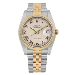 ROLEX DATEJUST 36 18K YELLOW GOLD STEEL IVORY PYRAMID DIAL  WATCH 116233