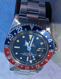 1963 Rolex GMT Master 1675 Gilt Underline Dial Red & Blue Bezel  PCG Watch