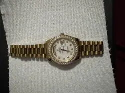 ROLEX MEN'S DAY-DATE GOLD WATCH WHITE MOP DIAMOND DIAL DIAMOND BEZEL 36MM 18038