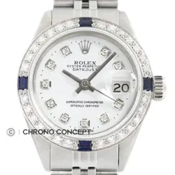 ROLEX LADIES DATEJUST WHITE DIAMOND DIAL 18K WHITE GOLD SAPPHIRE BEZEL WATCH
