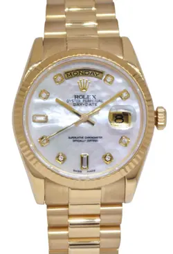 ROLEX DAY-DATE PRESIDENT 18K YELLOW GOLD MOP DIAMOND DIAL 36MM WATCH 118238