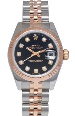 ROLEX DATEJUST 18K ROSE GOLD/STEEL BLACK DIAMOND DIAL LADIES 26MM WATCH 179171