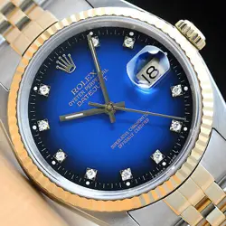 ROLEX MENS DATEJUST BLUE VIGNETTE FACTORY DIAMOND 18K YELLOW GOLD STEEL WATCH