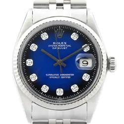 ROLEX MENS DATEJUST 18K WHITE GOLD STEEL BLUE VIGNETTE DIAMOND DIAL WATCH