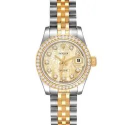 ROLEX DATEJUST STEEL YELLOW GOLD MOP DIAMOND BEZEL LADIES WATCH 179383 BOX CARD