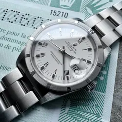 2000 ROLEX DATE 15210 WHITE DIAL - BOX PAPERS   HANG TAG - ENGINE TURNED BEZEL