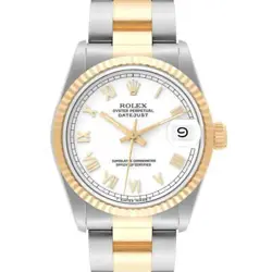 ROLEX DATEJUST MIDSIZE WHITE ROMAN DIAL STEEL YELLOW GOLD LADIES WATCH 68273