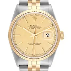 ROLEX DATEJUST 36 STEEL YELLOW GOLD CHAMPAGNE LINEN DIAL MENS WATCH 16233
