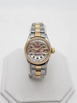$9K ROLEX DATEJUST PINK MOP EMERALD DIAMOND 18K YELLOW GOLD SS LADIES WATCH WTY