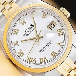 ROLEX MENS DATEJUST 16233 18K YELLOW GOLD STEEL WHITE ROMAN SILK DIAL WATCH
