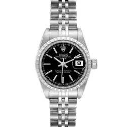 ROLEX DATE BLACK DIAL JUBILEE BRACELET STEEL LADIES WATCH 69240