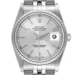ROLEX DATEJUST SILVER DIAL ENGINE TURNED BEZEL STEEL MENS WATCH 16220 BOX PAPERS