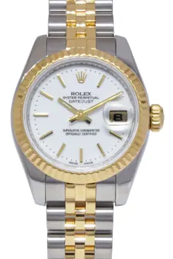 ROLEX DATEJUST 18K YELLOW GOLD/STEEL WHITE DIAL LADIES 26MM WATCH G 179173