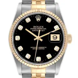 ROLEX DATEJUST STEEL YELLOW GOLD BLACK DIAMOND DIAL MENS WATCH 16233 BOX PAPERS