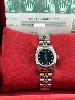 ROLEX OYSTER PERPETUAL LADIES 67193 BLUE DIAMOND DIAL 18K GOLD STEEL BOX PAPERS