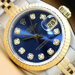 ROLEX LADIES DATEJUST BLUE DIAMOND DIAL 18K YELLOW GOLD & STEEL WATCH 69173