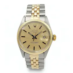 Men's Rolex 34mm Date 18K Gold / Steel Watch with Gold Dial and Fluted Bezel.