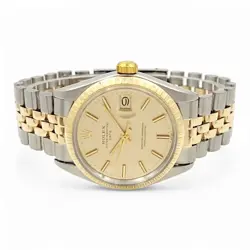 Men's Rolex 34mm Date 18K Gold / Steel Watch with Gold Dial and Fluted Bezel.