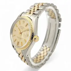 Men's Rolex 34mm Date 18K Gold / Steel Watch with Gold Dial and Fluted Bezel.