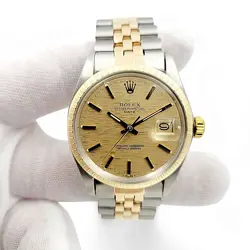 Men's Rolex 34mm Date 18K Gold / Steel Watch with Gold Dial and Fluted Bezel.