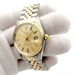 Men's Rolex 34mm Date 18K Gold / Steel Watch with Gold Dial and Fluted Bezel.