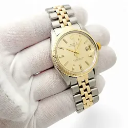 Men's Rolex 34mm Date 18K Gold / Steel Watch with Gold Dial and Fluted Bezel.