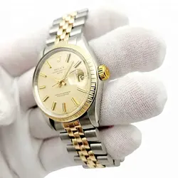 Men's Rolex 34mm Date 18K Gold / Steel Watch with Gold Dial and Fluted Bezel.