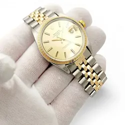 Men's Rolex 34mm Date 18K Gold / Steel Watch with Gold Dial and Fluted Bezel.