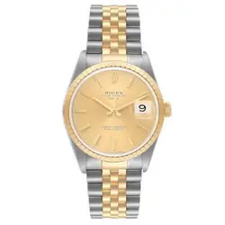 MEN'S ROLEX 34MM DATE 18K GOLD / STEEL WATCH WITH GOLD DIAL AND FLUTED BEZEL.