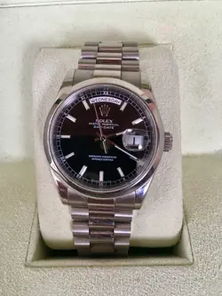 ROLEX DAY-DATE BLACK DIAL 18K WHITE GOLD PRESIDENT AUTOMATIC MEN'S WATCH