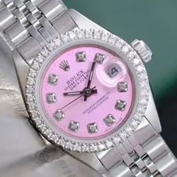 LADIES ROLEX DATEJUST STAINLESS STEEL PINK DIAL DIAMOND BEZEL 26MM WATCH