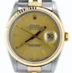 ROLEX MENS 2TONE YELLOW GOLD STAINLESS STEEL DATEJUST WATCH CHAMPAGNE DIAL 16233