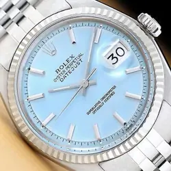 ROLEX MENS DATEJUST 18K WHITE GOLD STAINLESS STEEL ICE BLUE DIAL JUBILEE WATCH