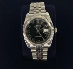ROLEX DATEJUST 116234 STEEL 36MM JUBILEE WATCH BLACK ROMAN DIAL 18K FLUTED BEZEL