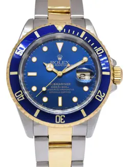 ROLEX SUBMARINER 18K YELLOW GOLD/STEEL BLUE DIAL MENS 40MM WATCH N 16613