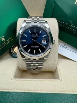 ROLEX DATEJUST 41 NEW 2024 BLUE INDEX DIAL STAINLESS STEEL SMOOTH BEZEL JUBILEE