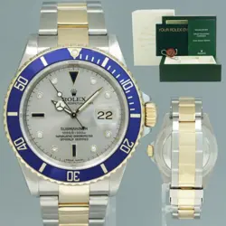 2005 MINT GOLD BUCKLE ROLEX SUBMARINER 16613 TWO TONE GOLD SERTI DIAMOND WATCH
