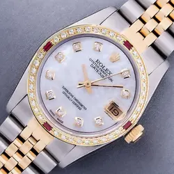 ROLEX MID-SIZE DATEJUST WATCH STEEL - 18K GOLD MOP DIAMOND DIAL RUBY BEZEL WATCH